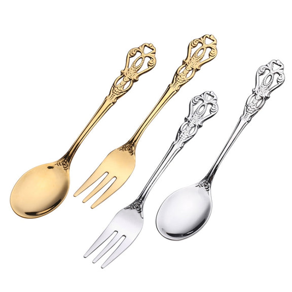 2pcs /Pack Retro Openwork Carved Dessert Spoon Fork Set Engraved Cutlery Gift Box, Style: Pink Box (Gold)