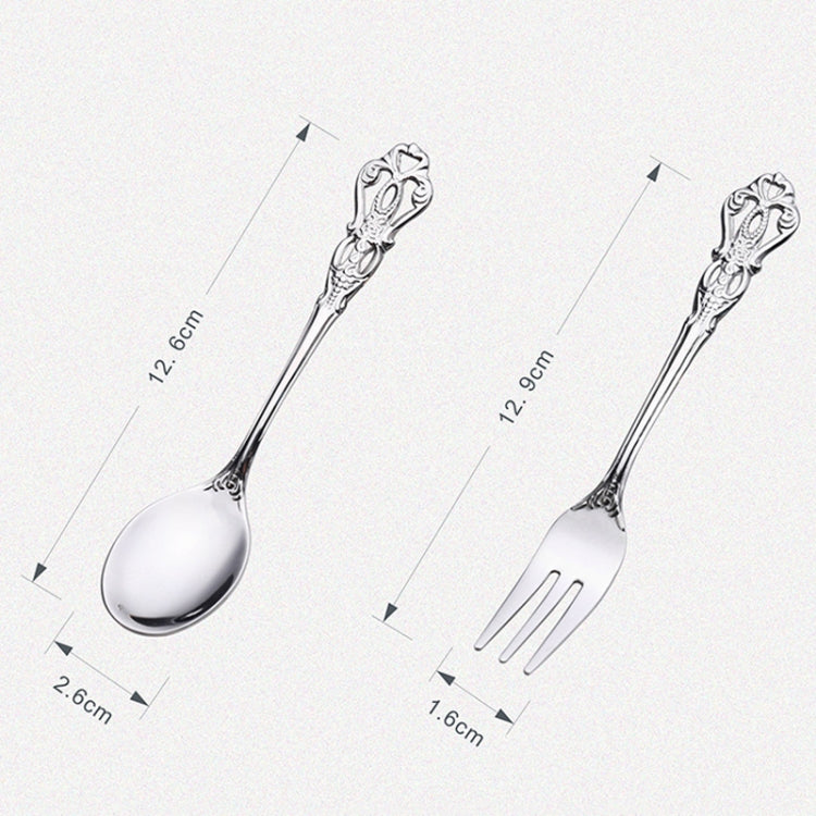 2pcs /Pack Retro Openwork Carved Dessert Spoon Fork Set Engraved Cutlery Gift Box, Style: Pink Box (Gold)