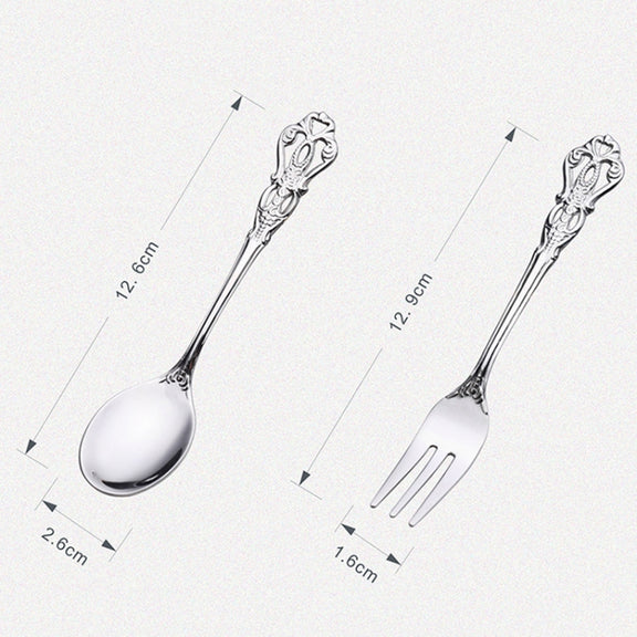 2pcs /Pack Retro Openwork Carved Dessert Spoon Fork Set Engraved Cutlery Gift Box, Style: Pink Box (Gold)