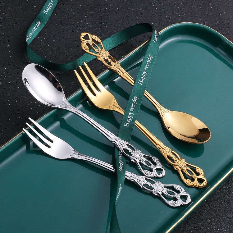 2pcs /Pack Retro Openwork Carved Dessert Spoon Fork Set Engraved Cutlery Gift Box, Style: Pink Box (Gold)