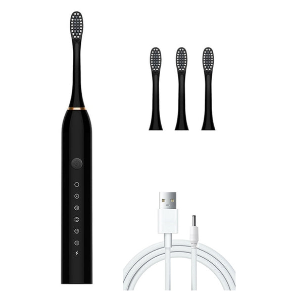 Rechargeable Ultrasonic Soft Bristle Electrical Toothbrushes Flosser 6 Gear With 4 Brushes(Black)