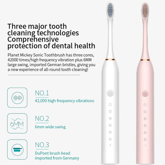 Rechargeable Ultrasonic Soft Bristle Electrical Toothbrushes Flosser 6 Gear With 4 Brushes(Black)