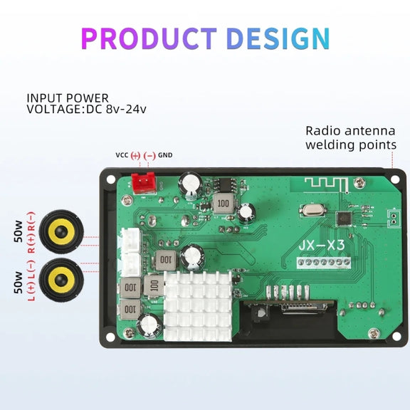 100W 12V TPA3116 Color Screen Power Amplifier Bluetooth Decoder Board With Recording Call(Small Silicone Remote Control)