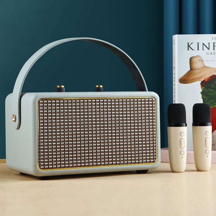 Leather Texture Portable Wooden Home Karaoke Bluetooth Speaker, Color: Gray+Dual-microphone