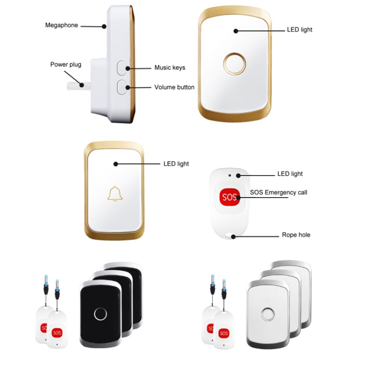 CACAZI C20 Two To Three Wireless Pager For The Elderly Home Care Water-resistant Emergency Pager, EU Plug(Gold)