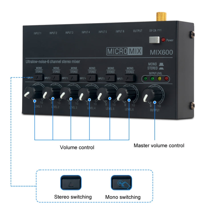 Ultra-Compact Low-Noise 6 Channel Stereo Audio Mixer, US Plug(MIX600)