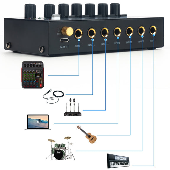 Ultra-Compact Low-Noise 6 Channel Stereo Audio Mixer, US Plug(MIX600)