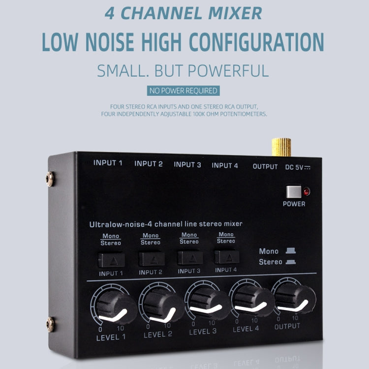 Ultra-compact 4 Channel Stereo Sound Low-noise Mixer For Recording Live Broadcasting, US Plug(MAX400)