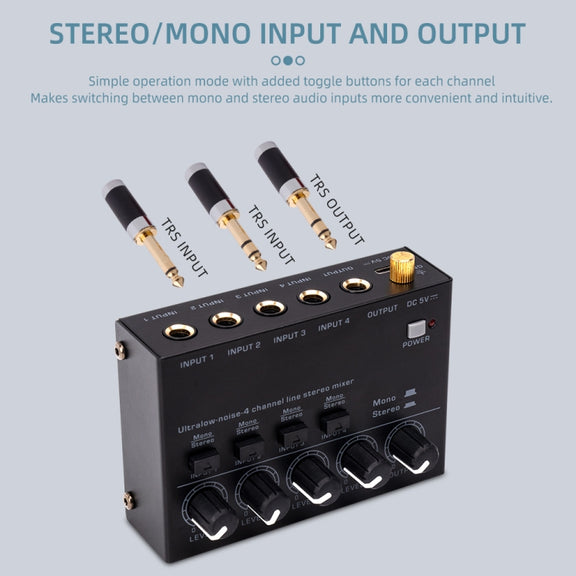 Ultra-compact 4 Channel Stereo Sound Low-noise Mixer For Recording Live Broadcasting, US Plug(MAX400)
