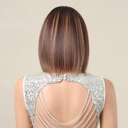 Women Full Bangs Bob Light Breathable Full Head Wig(Highlight Brown LC2132-1)