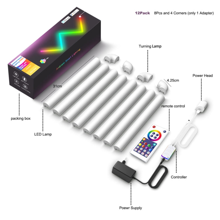 8pcs+4 Corners Bluetooth 12V RGBIC Splicing Wall Light Intelligent Remote Control Indoor Decorative Ambient Lights(EU Plug)