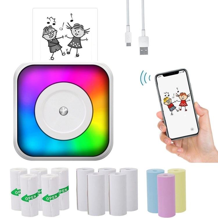 RGB Light Portable Mini Bluetooth Printer Inkless Document Label Printer with 5-Rolls Paper