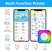 RGB Light Portable Mini Bluetooth Printer Inkless Document Label Printer with 5 Paper+5 Stickers+3 Color Paper