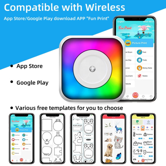 RGB Light Portable Mini Bluetooth Printer Inkless Document Label Printer with 5 Paper+5 Stickers+3 Color Paper