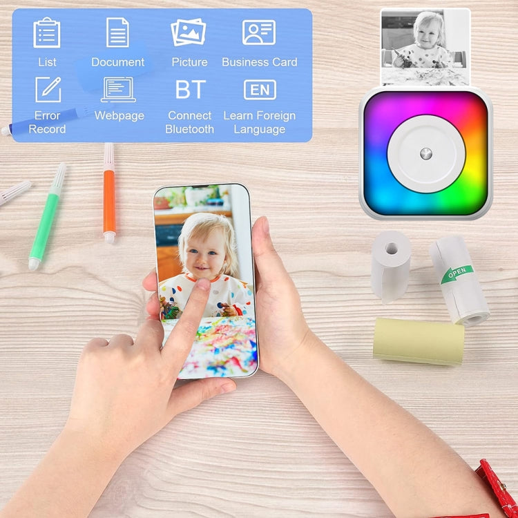 RGB Light Portable Mini Bluetooth Printer Inkless Document Label Printer with 5-Rolls Paper