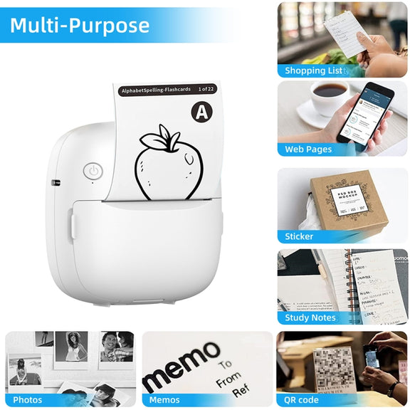RGB Light Portable Mini Bluetooth Printer Inkless Document Label Printer with 5-Rolls Stickers