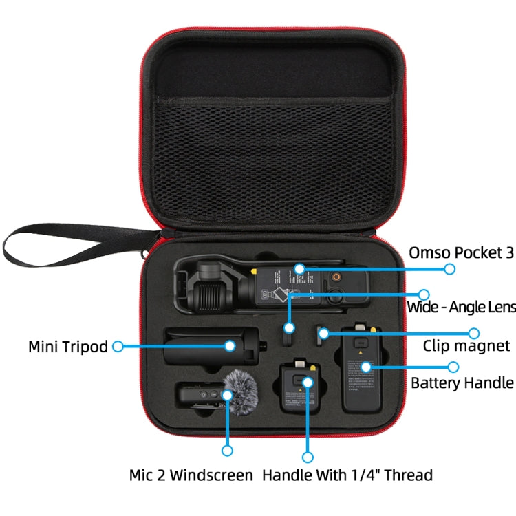 For DJI Osmo Pocket 3 Storage Bag Pocket Camera Handbag(Black Shell Red Inner)