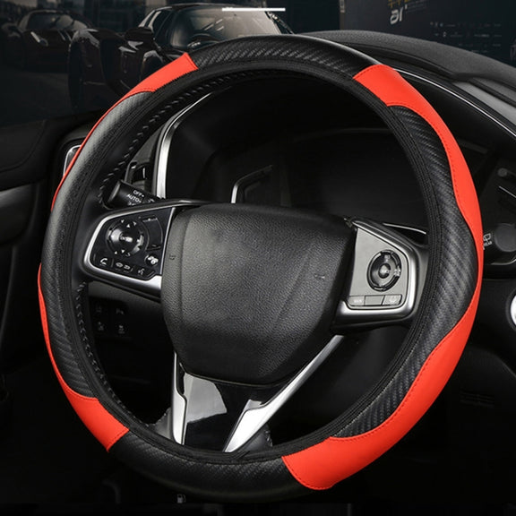 39cm Carbon Fiber Elastic Leather Without Inner Ring Car Steering Wheel Cover, Color: Red