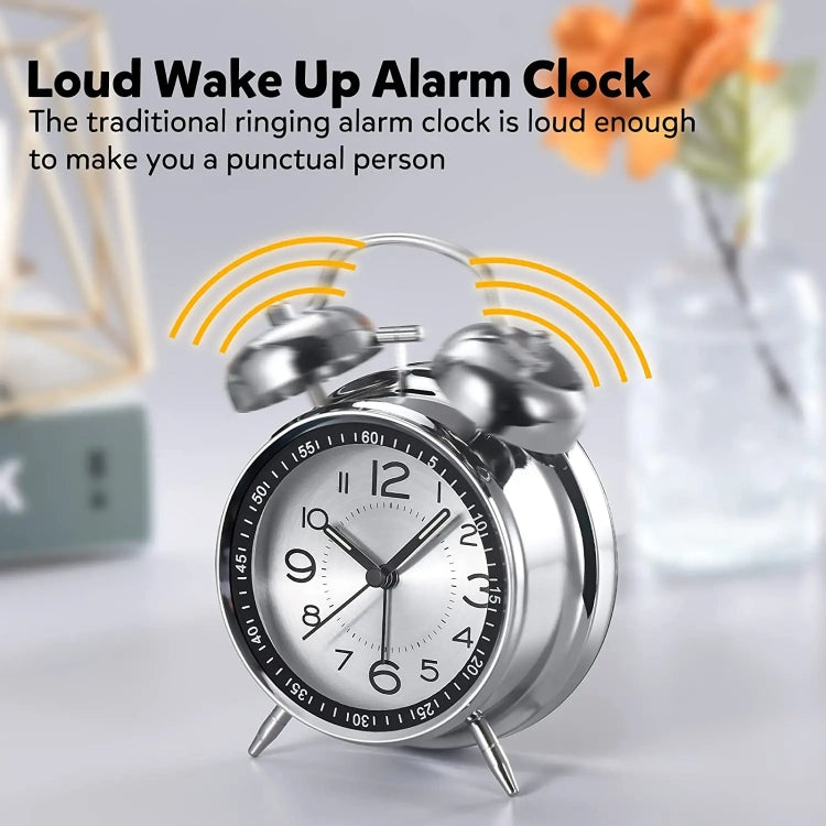 4.5 Inch Electroplated Metal Ring Bell Alarm Clock Quartz Clock With Night Light ?, Style: Black C