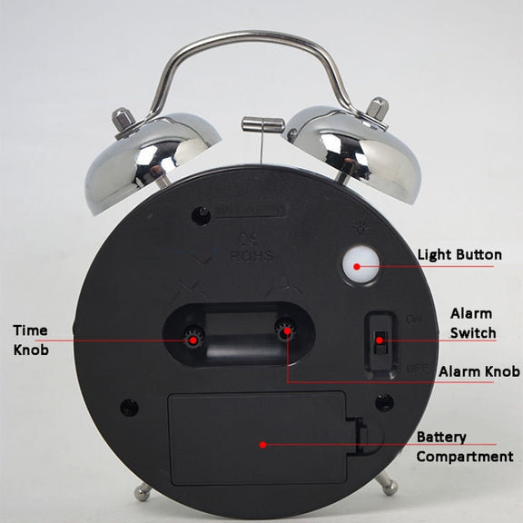 4.5 Inch Electroplated Metal Ring Bell Alarm Clock Quartz Clock With Night Light ?, Style: Black C