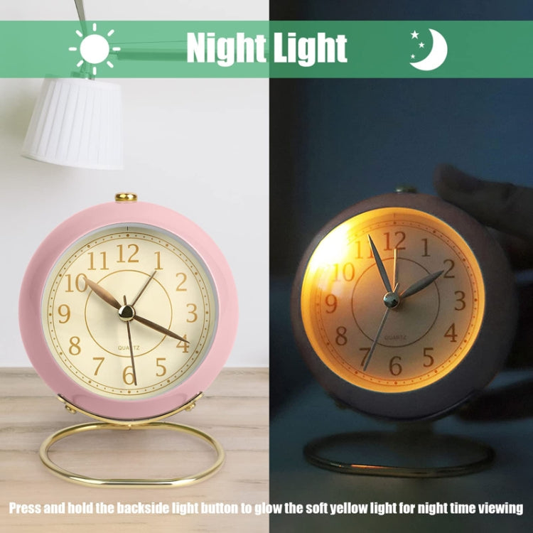 Round Metal Clock Silent Children Electronic Alarm Clock with Light(Pink)