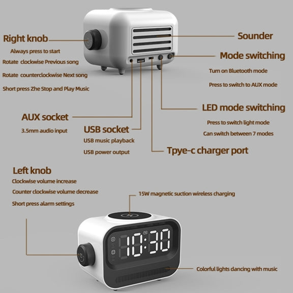15W 3-In-1 Ambient Light Digital Display Clock Bluetooth Speaker Magnetic Wireless Charger(Black)