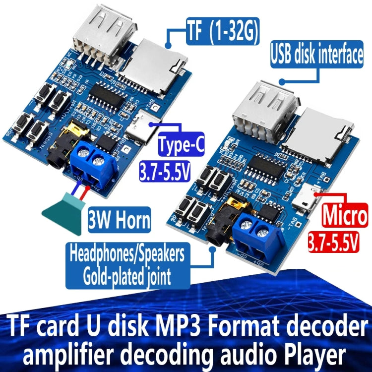 MP3 Lossless Decoder Board Decoder TF Card USB Flash Drive MP3 Decoding Player Module With Amplifier, Interface: Micro