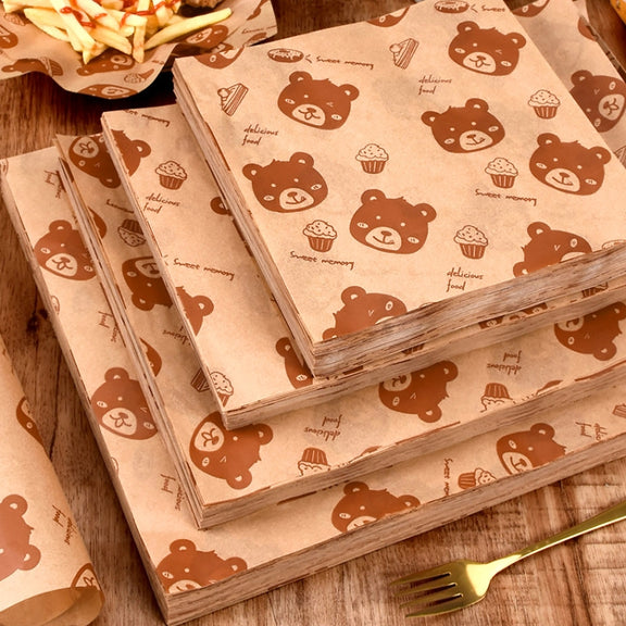 100sheets /Pack Bear Pattern Greaseproof Paper Baking Wrapping Paper Food Basket Liners Paper  15x15cm
