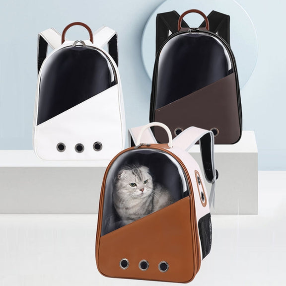 PU Pet Bag Cats And Dogs Outing Carrying Capsule Double Shoulder Backpacks(Model 1 Brown)