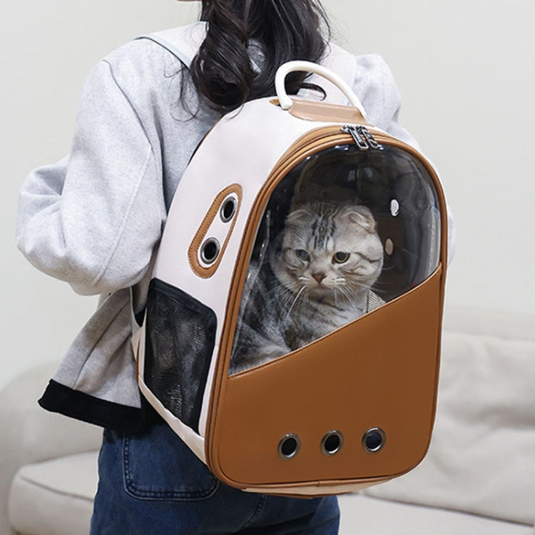 PU Pet Bag Cats And Dogs Outing Carrying Capsule Double Shoulder Backpacks(Model 1 Brown)