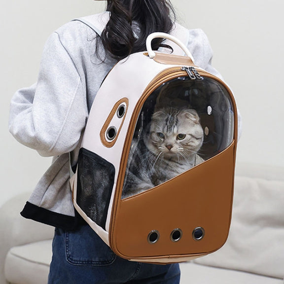 PU Pet Bag Cats And Dogs Outing Carrying Capsule Double Shoulder Backpacks(Model 1 Khaki)