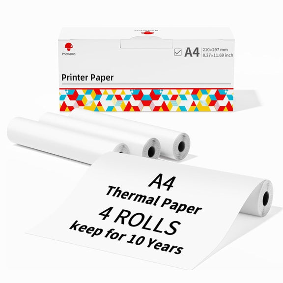 Phomemo 4rolls /Box A4 Writing Quick-Drying Thermal Paper 10-Year Long-Lasting For M832 / M833 / M834 / M835 Printer
