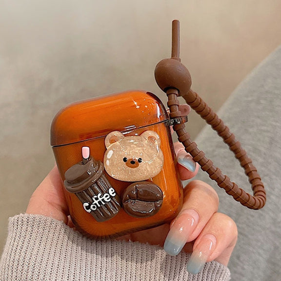 For AirPods Pro 2 Cartoon 3D Coffee Bear Headphones Case Protective Shell Cover