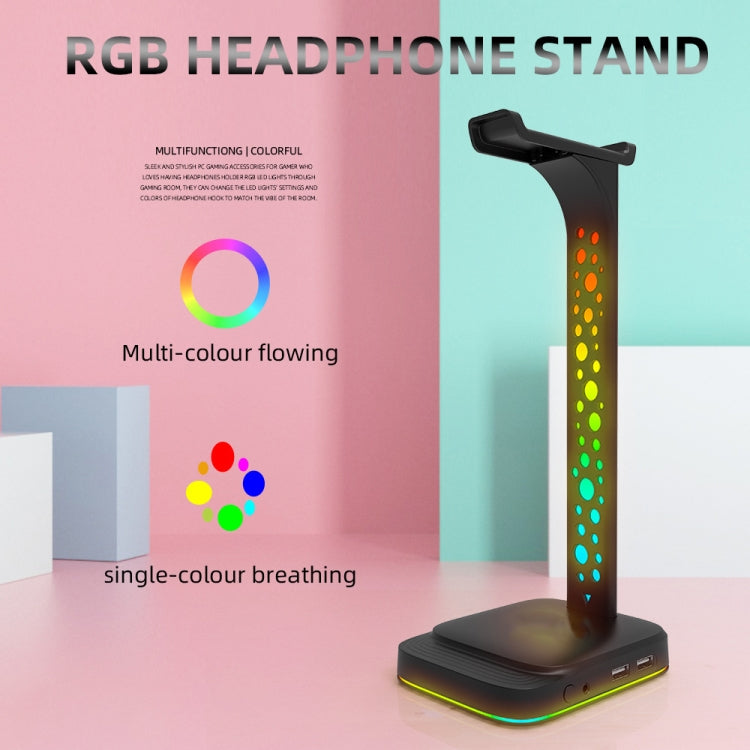 3.5mm Audio RGB Illuminated Headset Holder Dual USB Gaming Headset Display Rack(With Headphone Jack Black)