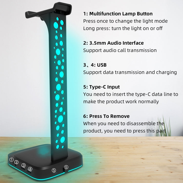 3.5mm Audio RGB Illuminated Headset Holder Dual USB Gaming Headset Display Rack(With Headphone Jack Black)