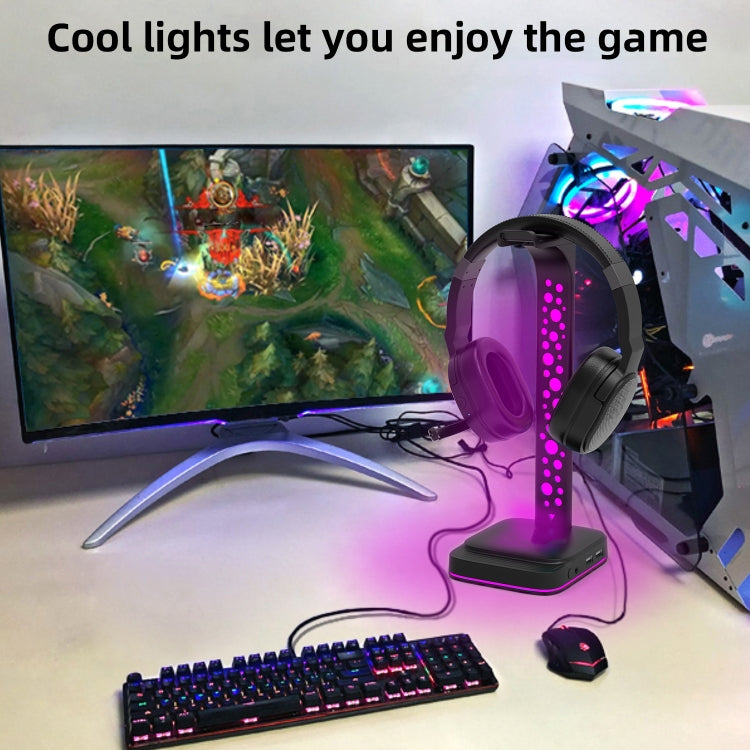3.5mm Audio RGB Illuminated Headset Holder Dual USB Gaming Headset Display Rack(With Headphone Jack Black)