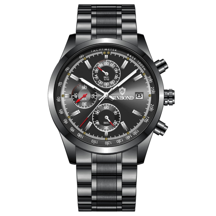 BINBOND B6022 30m Water-resistant Luminous Multifunctional Quartz Watch, Color: Black Steel-Black