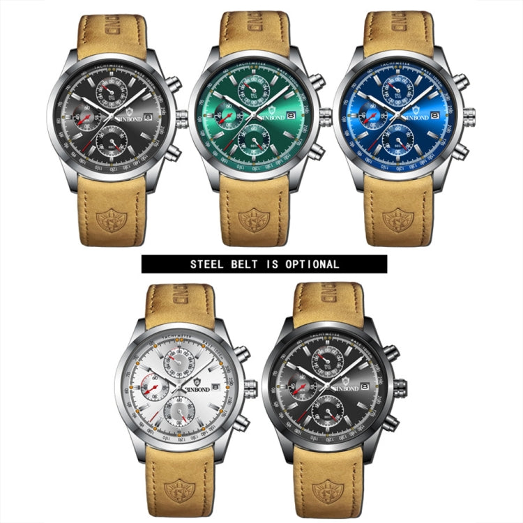 BINBOND B6022 30m Water-resistant Luminous Multifunctional Quartz Watch, Color: Leather-White Steel-White