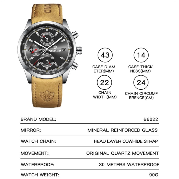 BINBOND B6022 30m Water-resistant Luminous Multifunctional Quartz Watch, Color: Black Steel-Black