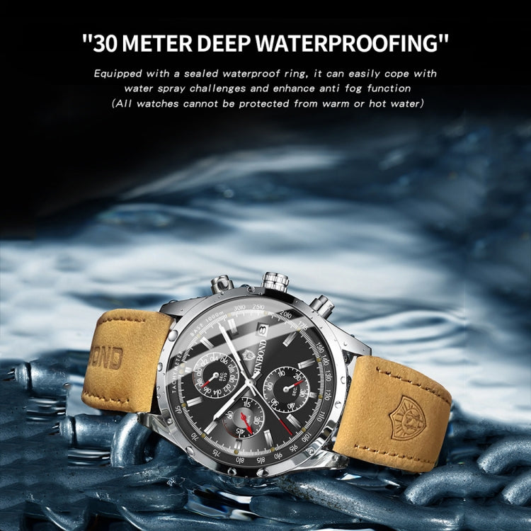 BINBOND B6022 30m Water-resistant Luminous Multifunctional Quartz Watch, Color: Black Steel-Black