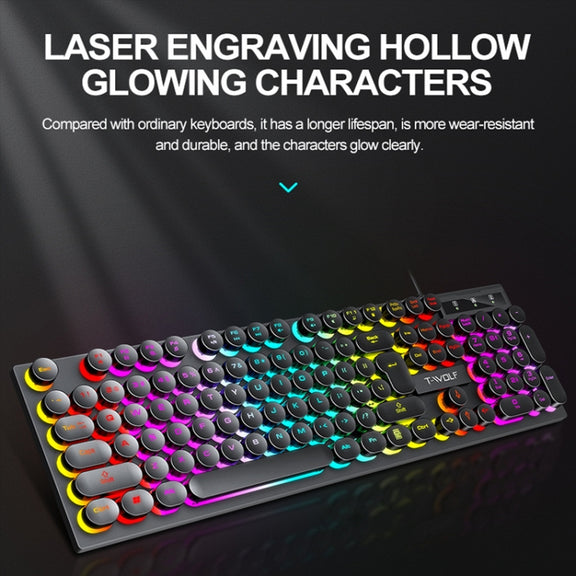 T-WOLF T80 104-Keys RGB Illuminated Office Game Wired Punk Retro Keyboard, Color: White