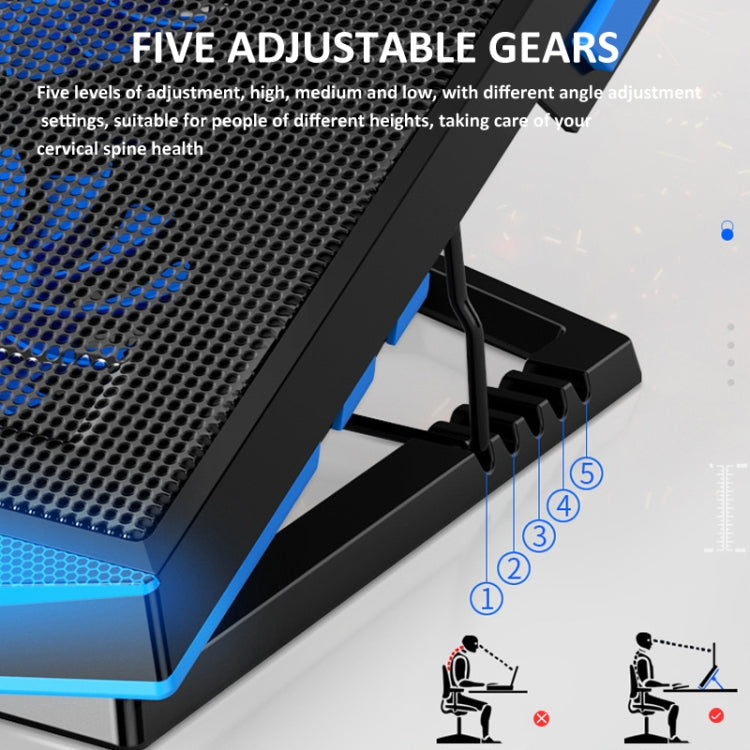 NUOXI 5 Fans Laptop Radiator Bracket Height Adjustable with Dual USB Ports(Black and Blue)
