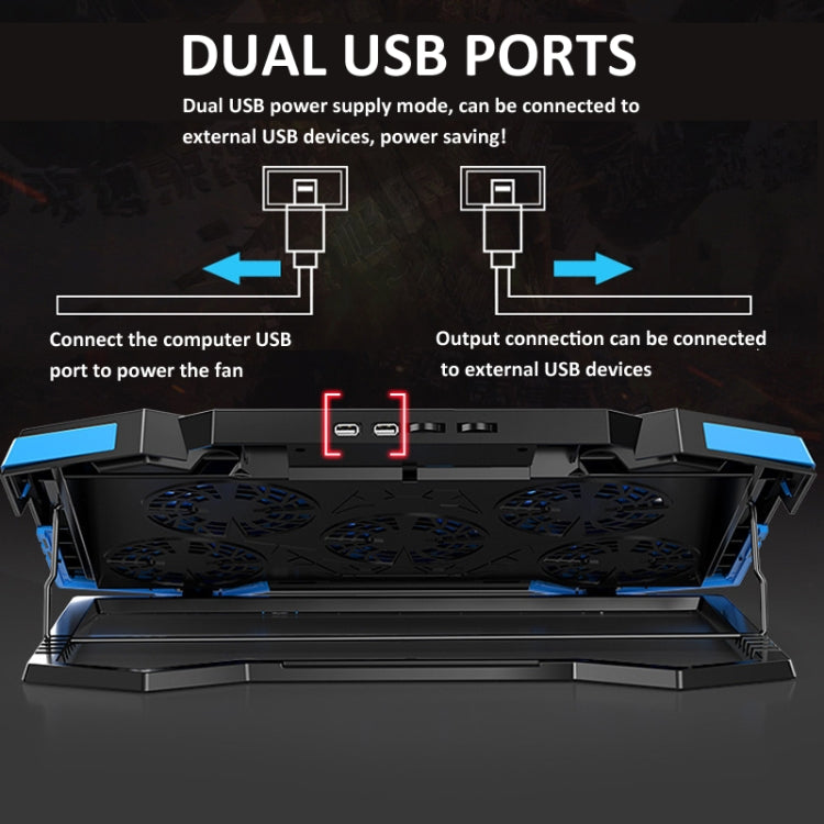 NUOXI 5 Fans Laptop Radiator Bracket Height Adjustable with Dual USB Ports(Black and Blue)
