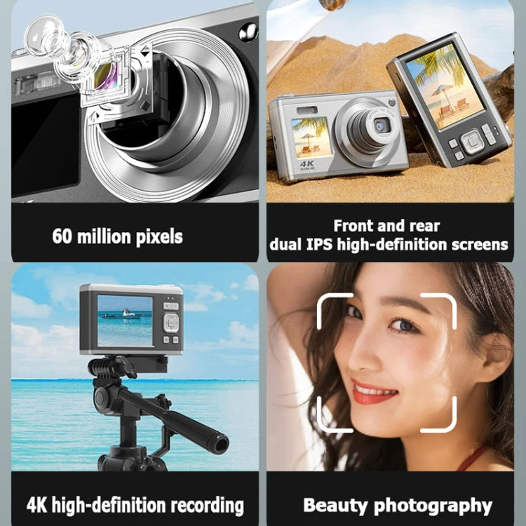 4K HD Optical Zoom Digital Camera 60MP Dual Screen Selfie Camera, No Memory(Silver)