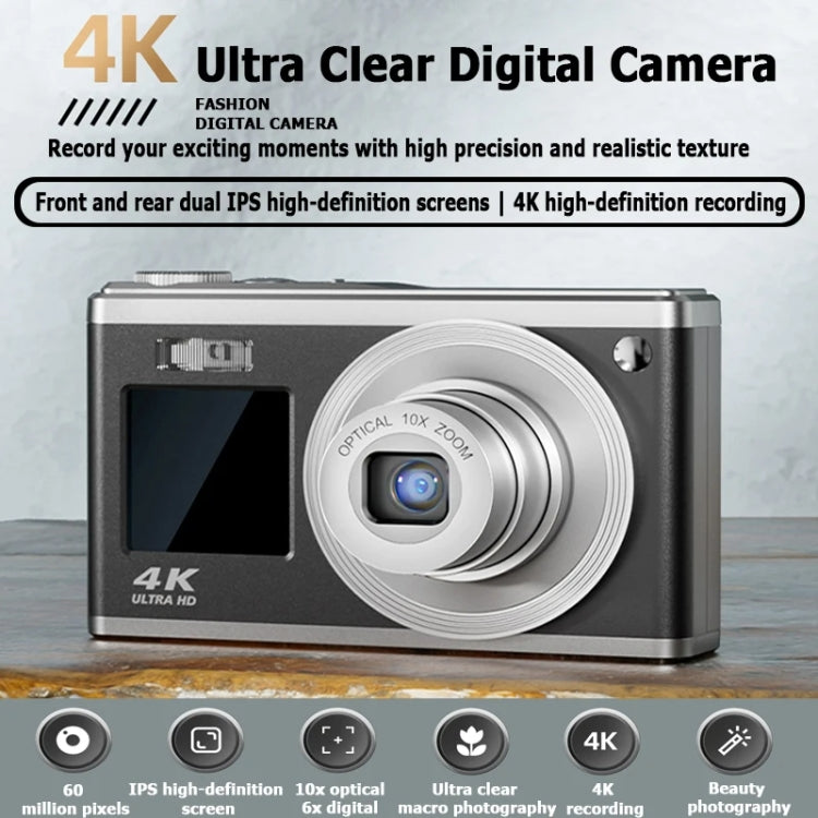 4K HD Optical Zoom Digital Camera 60MP Dual Screen Selfie Camera, No Memory(Silver)