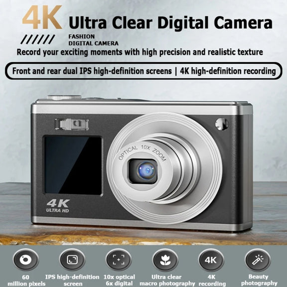 4K HD Optical Zoom Digital Camera 60MP Dual Screen Selfie Camera, No Memory(Silver)