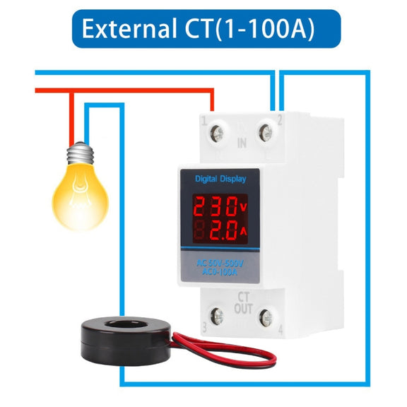 SINOTIMER SDM002 Household DIN Rail Single-Phase AC Dual Display Voltage And Current Meter(100A External Intestinal Sensor)