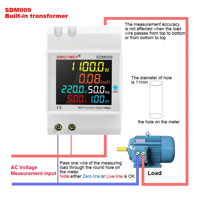 SINOTIMER SDM009 Din Rail Single-Phase Voltage Current Frequency Power Factor Electricity Multifunctional Meter, Model: AC40-300V Built-In