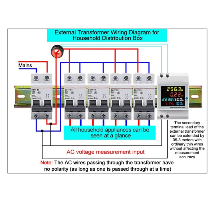 SINOTIMER SDM009 Din Rail Single-Phase Voltage Current Frequency Power Factor Electricity Multifunctional Meter, Model: AC40-300V External