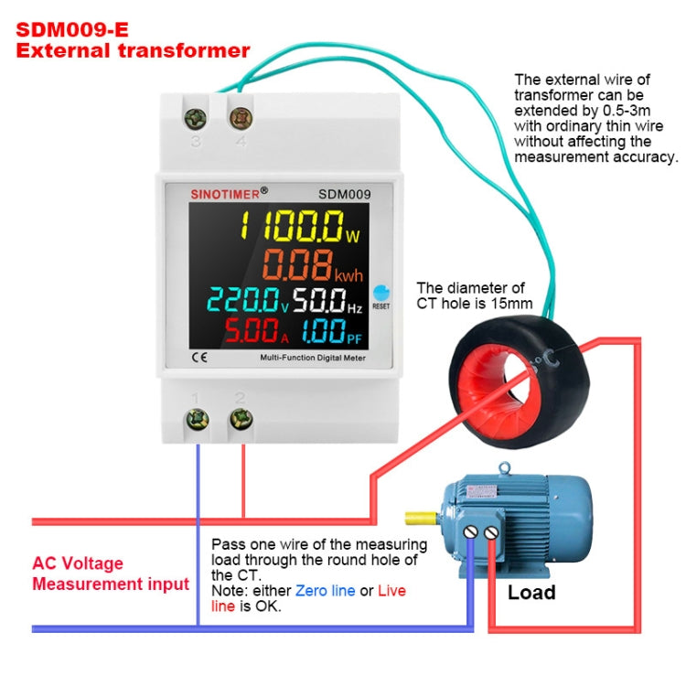 SINOTIMER SDM009 Din Rail Single-Phase Voltage Current Frequency Power Factor Electricity Multifunctional Meter, Model: AC250-450V External